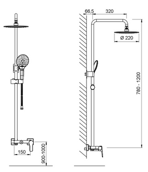 Colonne de douche ronde Ø 220 mm barre réglable mitigeur mécanique YETI500 - croquis dimensions - My Douche Design