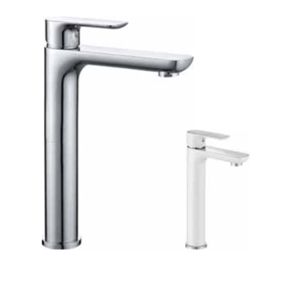 Robinet mitigeur haut pour lavabo ou vasque, YETI - vue des deux finitions: blanc/chromé et chromé - My Douche Design