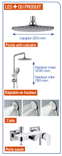 Colonne de douche ronde Ø 220 mm barre réglable mitigeur mécanique YETI500 - les + produit - My Douche Design